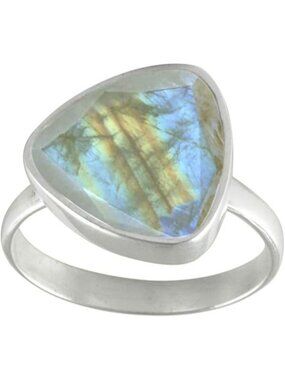 Natural-faceted Rainbow Moonstone Gemstone Trillion Shape Silver Faceted Ring